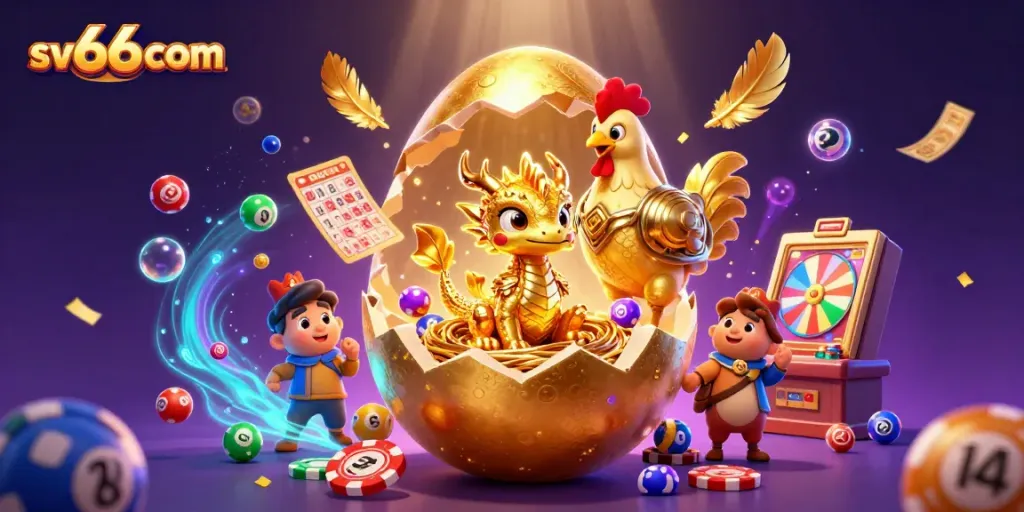 Engage with sv66 com's vibrant casino world featuring a golden dragon and gaming elements.