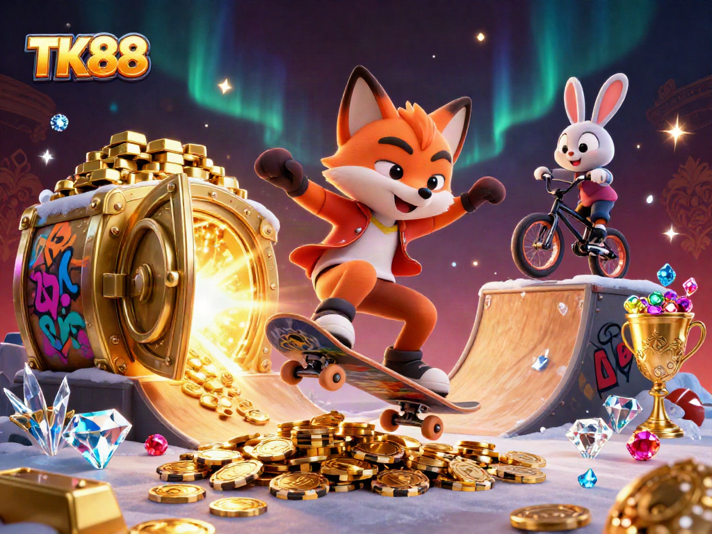 Engage with TK88's dynamic casino scene featuring animated characters and vibrant elements.