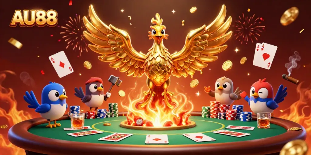 Experience the excitement of AU88 with a golden phoenix surrounded by poker elements and celebratory effects.