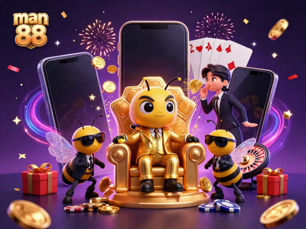 Win big with man 88's vibrant 3D casino scene featuring a bumblebee mob boss and exciting game elements.