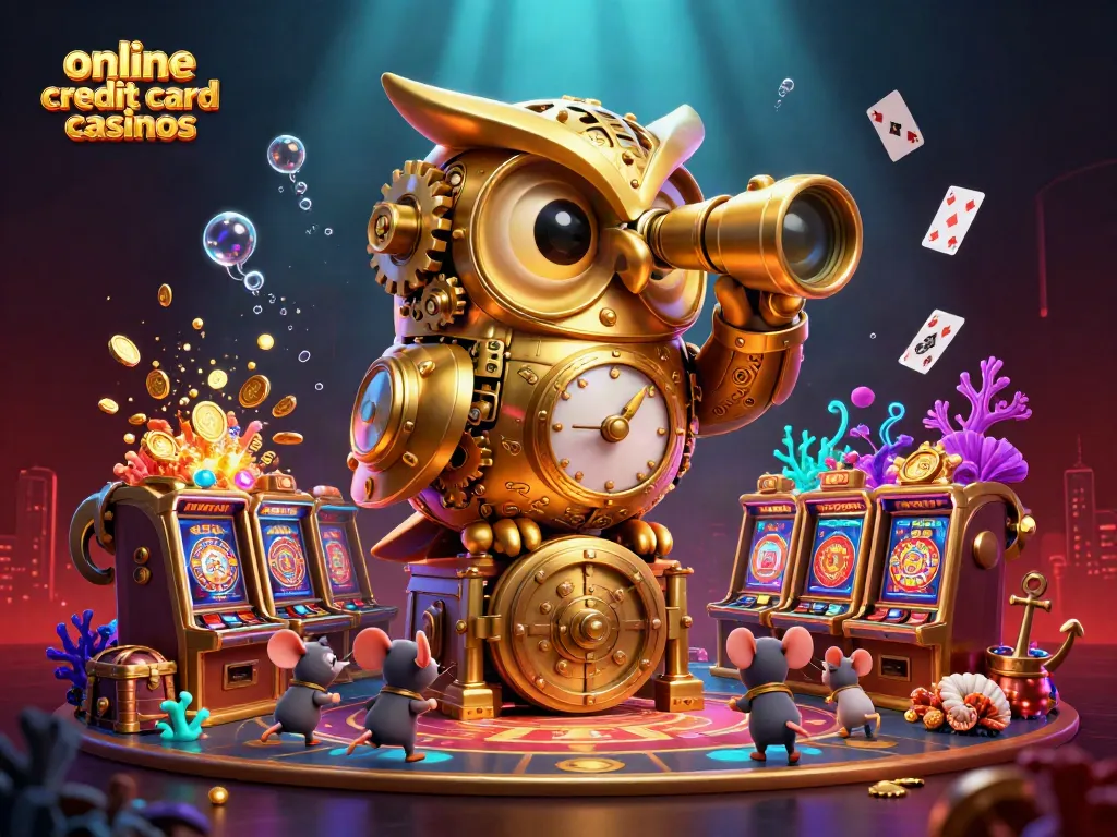 Experience the thrill of online credit card casinos with a 3D illustration of a golden owl overlooking a vibrant casino scene.