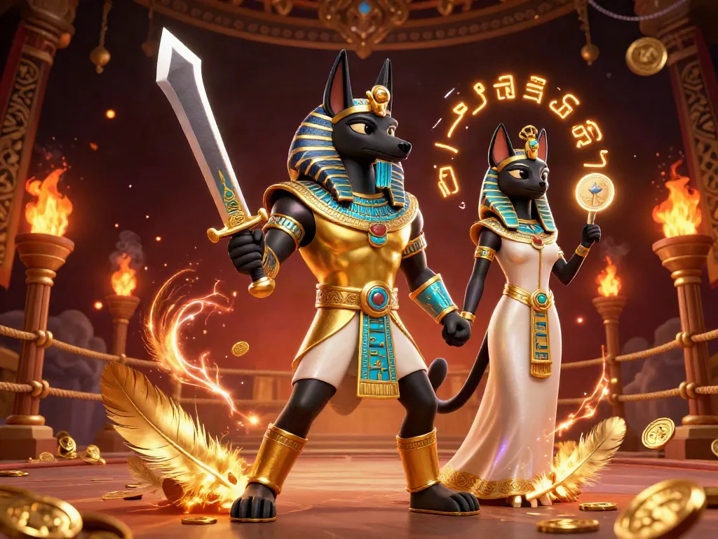 Experience the thrilling world of ae888 with Anubis and Bastet in this dynamic casino illustration.