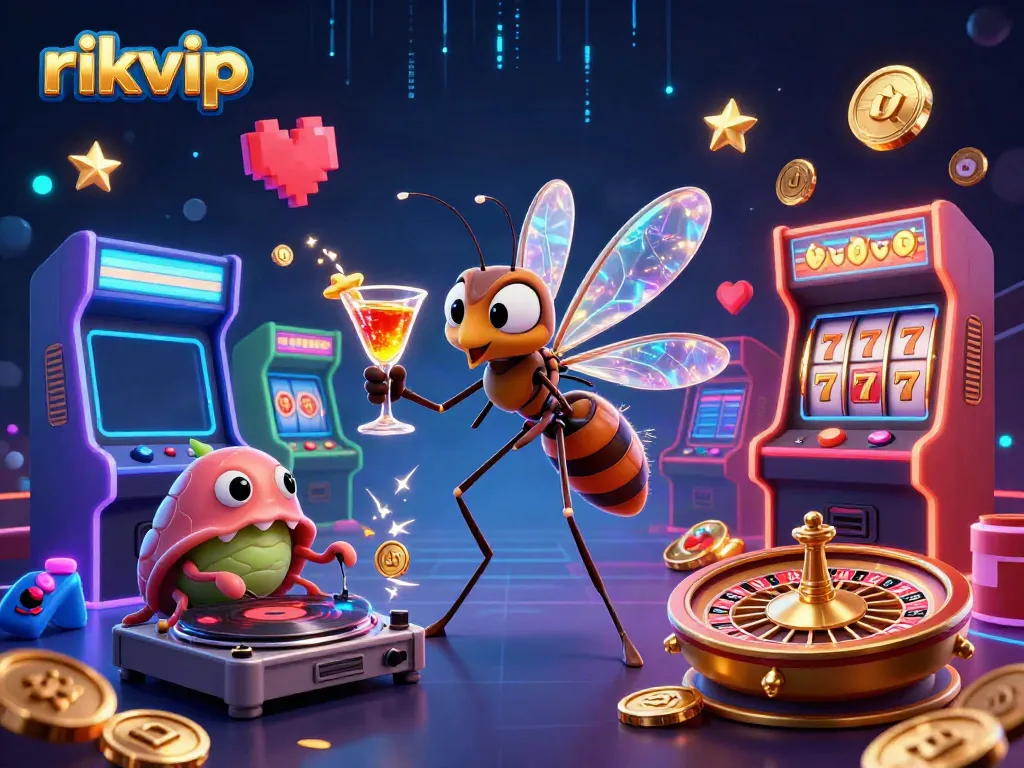 Experience the vibrant world of rikvip, where a frozen mosquito mascot and DJ entertain around dynamic casino elements.