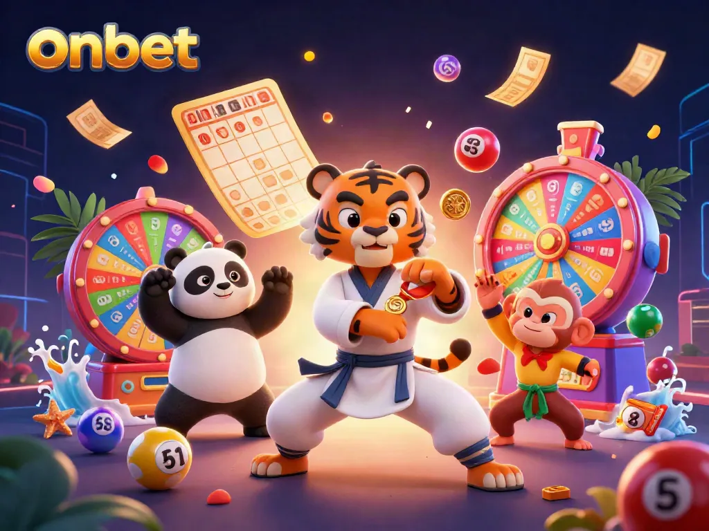 Join onbet games with fun-filled characters celebrating with gold and colorful lottery elements.