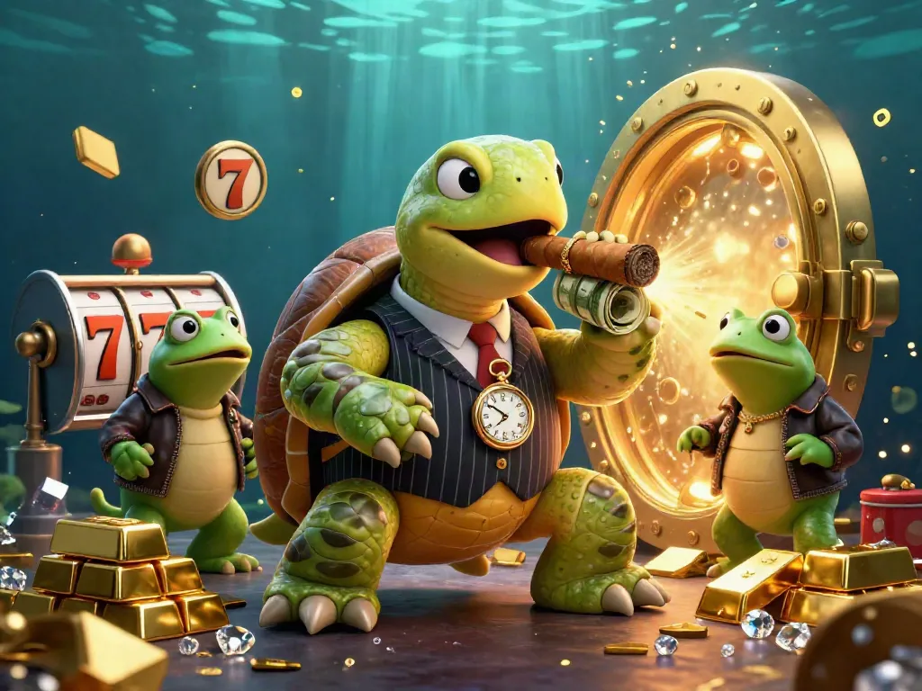 Engage with a vibrant casino scene featuring aau882 com, showcasing a snapping turtle in a vintage suit and slot machines overflowing with gold.