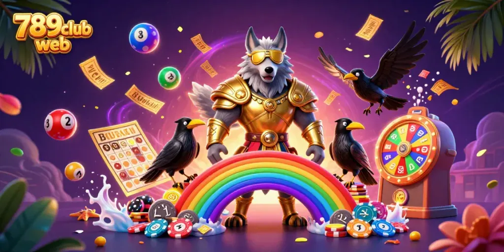 Engage with 789club web's vibrant gaming world, featuring colorful lottery elements and 3D casino characters.