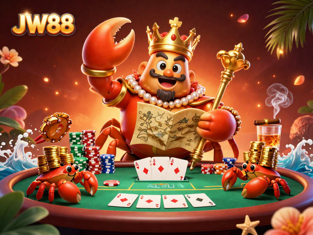 Experience thrilling poker action with JW88's golden crab emperor leading the game with vibrant chips.