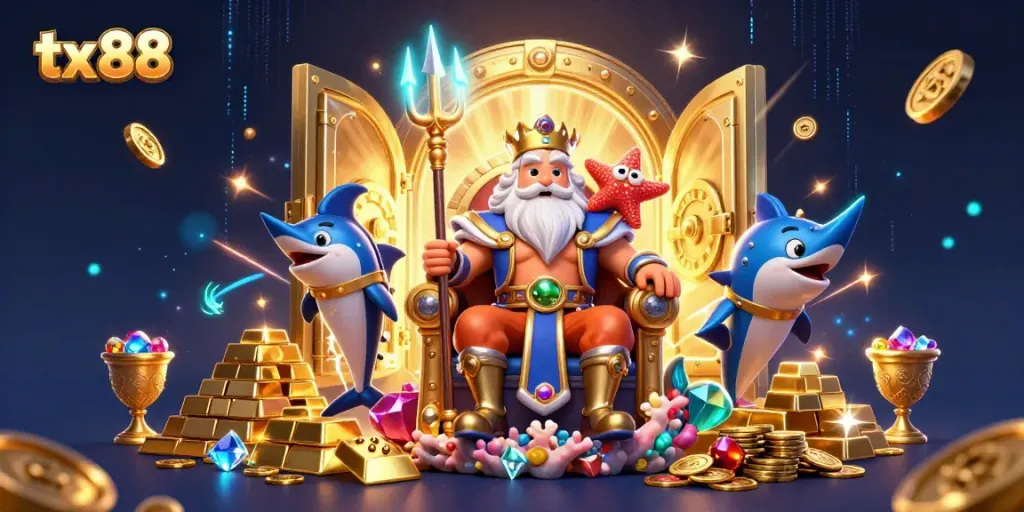 Experience tx 88 with an engaging illustration featuring a cartoon Neptune amid gold treasures.