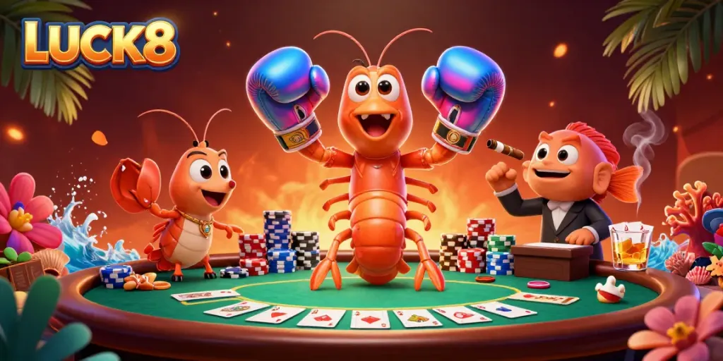 Join the action at LUCK8 with cartoon mantis shrimp and vibrant poker elements.