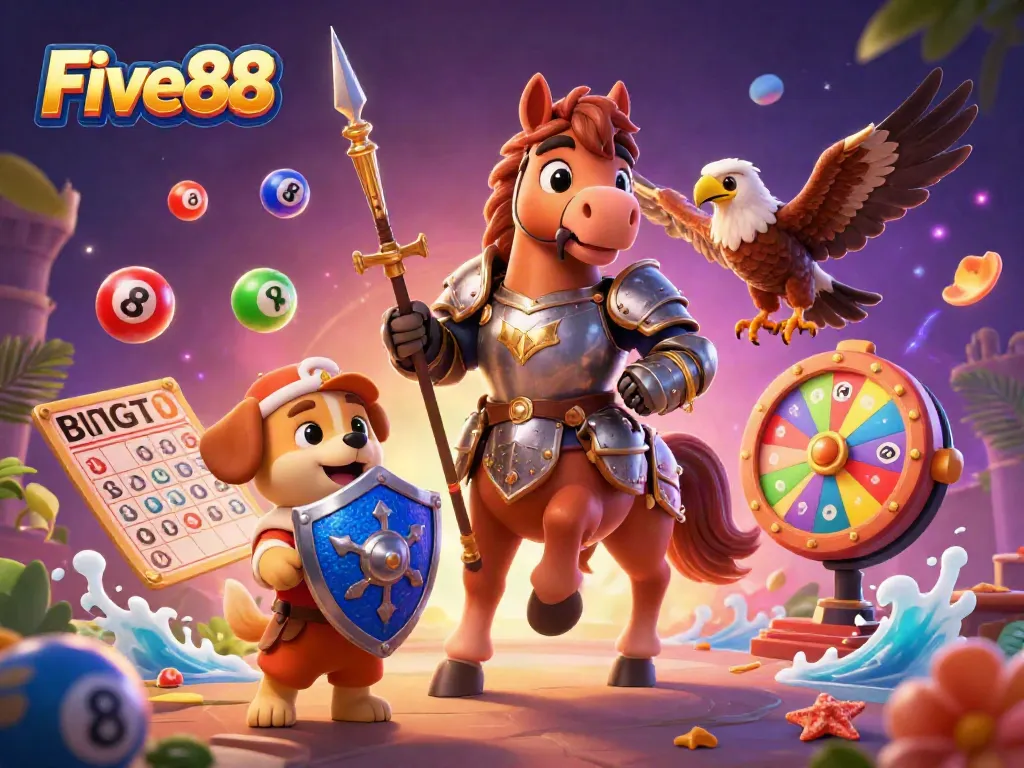 Engage in the exciting world of Five88 with a vibrant casino scene featuring colorful lottery balls and dynamic game elements.