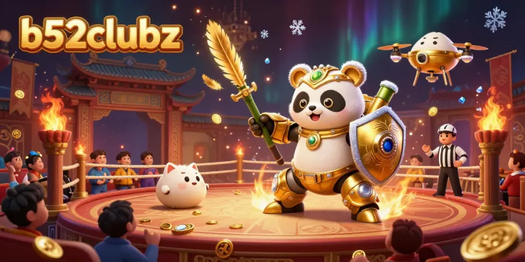 Engage in thrilling gameplay at b52clubz, surrounded by a vibrant casino atmosphere with a mech-suit panda.