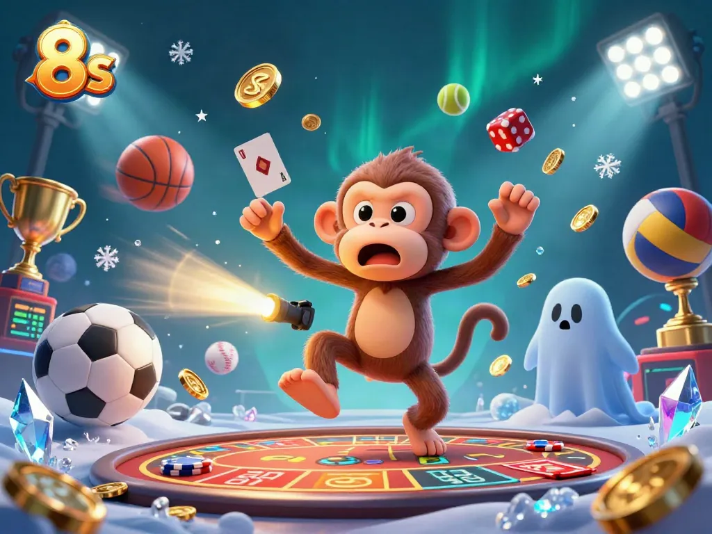 Experience the exhilarating world of 8s as golden coins and sports elements fly through a vibrant 3D casino scene.