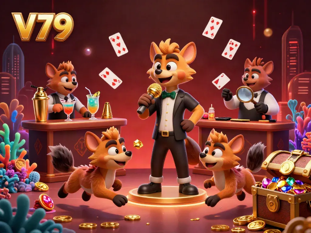 Experience lively entertainment at V79 casino with hyenas in an ultra-detailed scene of comedy and gaming.