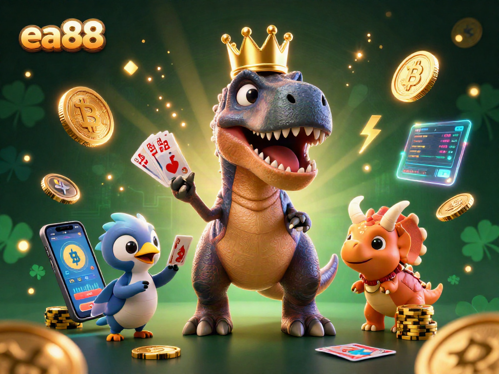 Engage with ea88 featuring a T-Rex shuffling cards, a pterodactyl assisting, and a baby triceratops stacking chips.