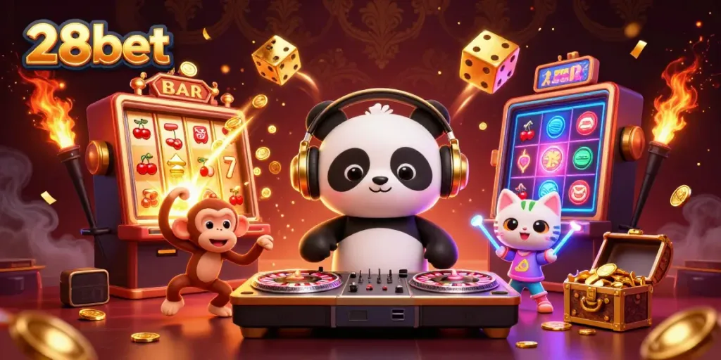 Experience the excitement of 28bet with this vibrant scene featuring a DJ panda, breakdancing monkey, and glow-stick kitten amidst a jackpot explosion.