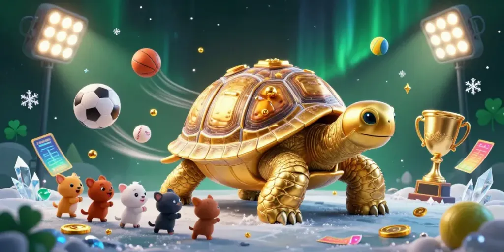 Experience the thrill of 88VBET gaming with a colossal golden tortoise pinball machine surrounded by dynamic sports elements.