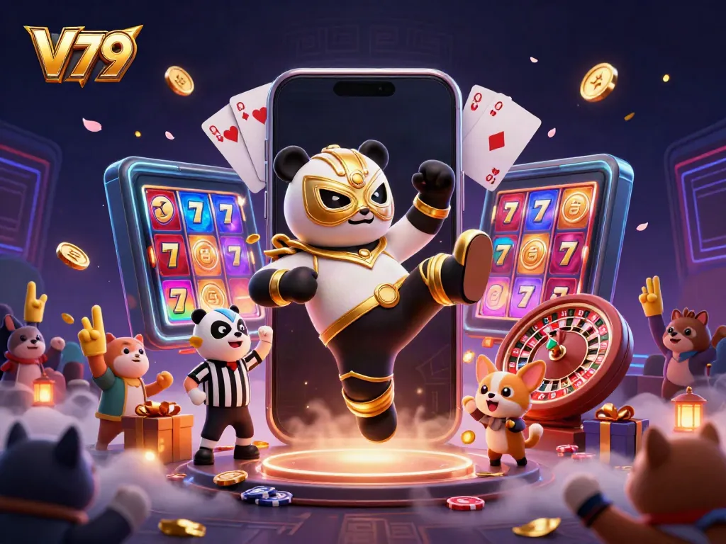 A dynamic V79 scene showcasing a panda wrestler and chihuahua referee amid cascading slot game elements and excited animal spectators.