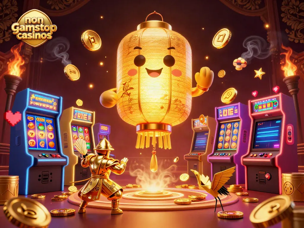 Engage in non gamstop casinos with a vibrant 3D scene of golden spirits and slot machines.