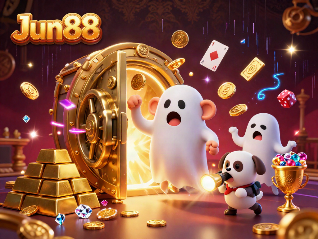 Experience the enchanting Jun88 casino with a playful ghostly monkey juggling gold coins and gems in a haunted setting.