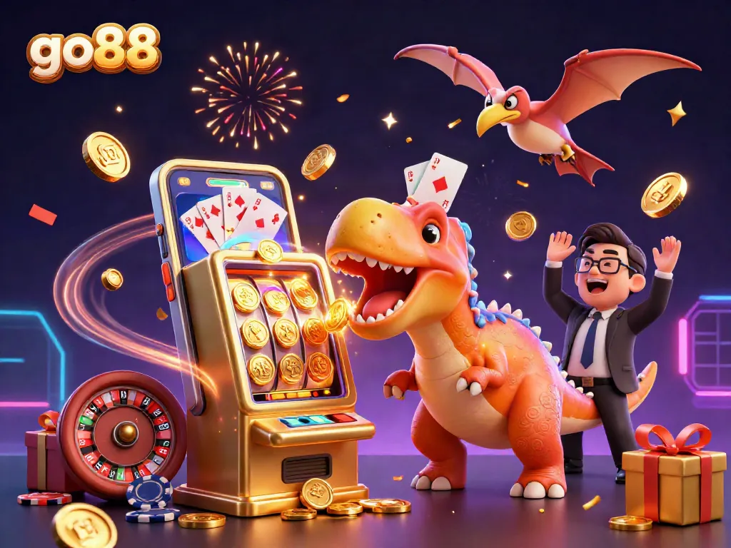 GO88 hấp dẫn với hình ảnh khủng long và máy đánh bạc phát ra xu vàng.