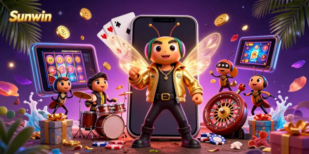 Celebrate gaming excitement with Sunwin's vibrant casino scene featuring a rock star cicada and lively game elements.