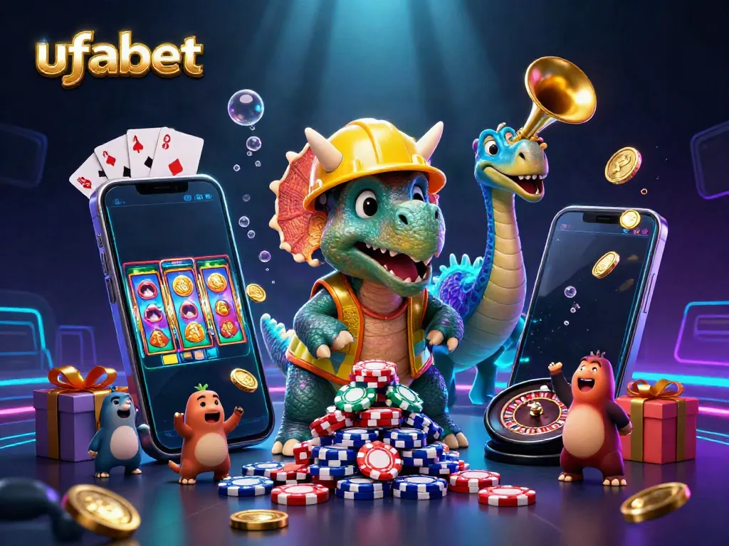 Experience thrilling ufabet gaming with dynamic characters celebrating around a colorful slot game setup.