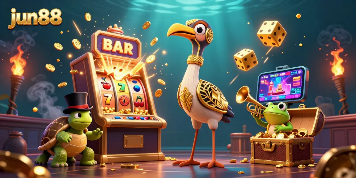 Experience thrilling wins with jun88's vibrant casino scene featuring classic slot elements, characters and dynamic gaming atmosphere.