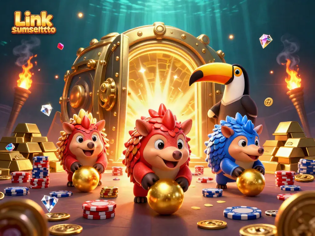 Engage with Link sumseltoto in a vibrant scene of rival pangolins bowling golden balls through poker chips.