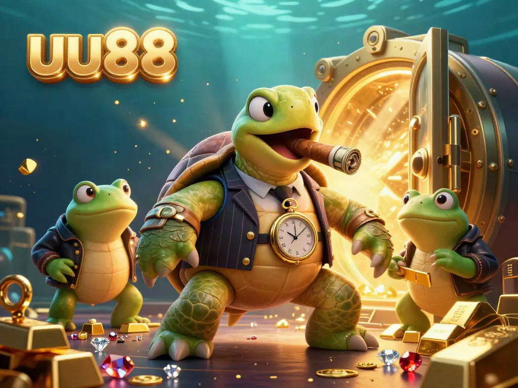 Experience the thrills of uu88 with a vibrant casino scene featuring a snappy turtle and frog enforcers amidst treasure.
