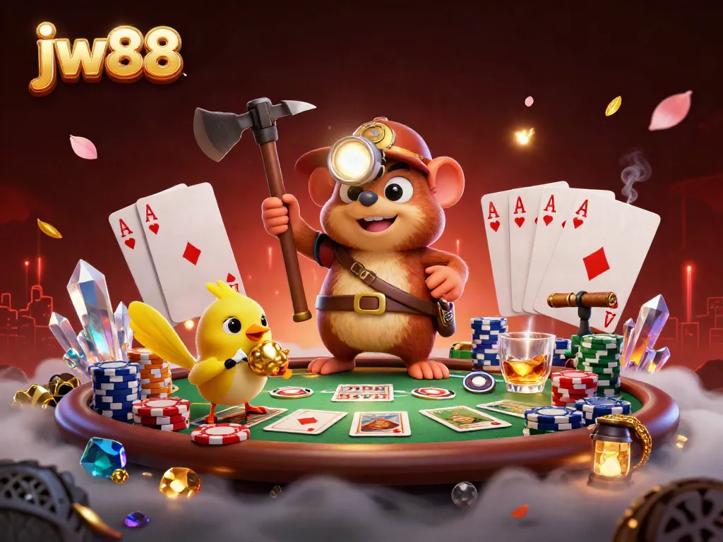 Engage with JW88's thrilling gaming scene featuring a treasure hunter mole, glowing gems, and poker elements.