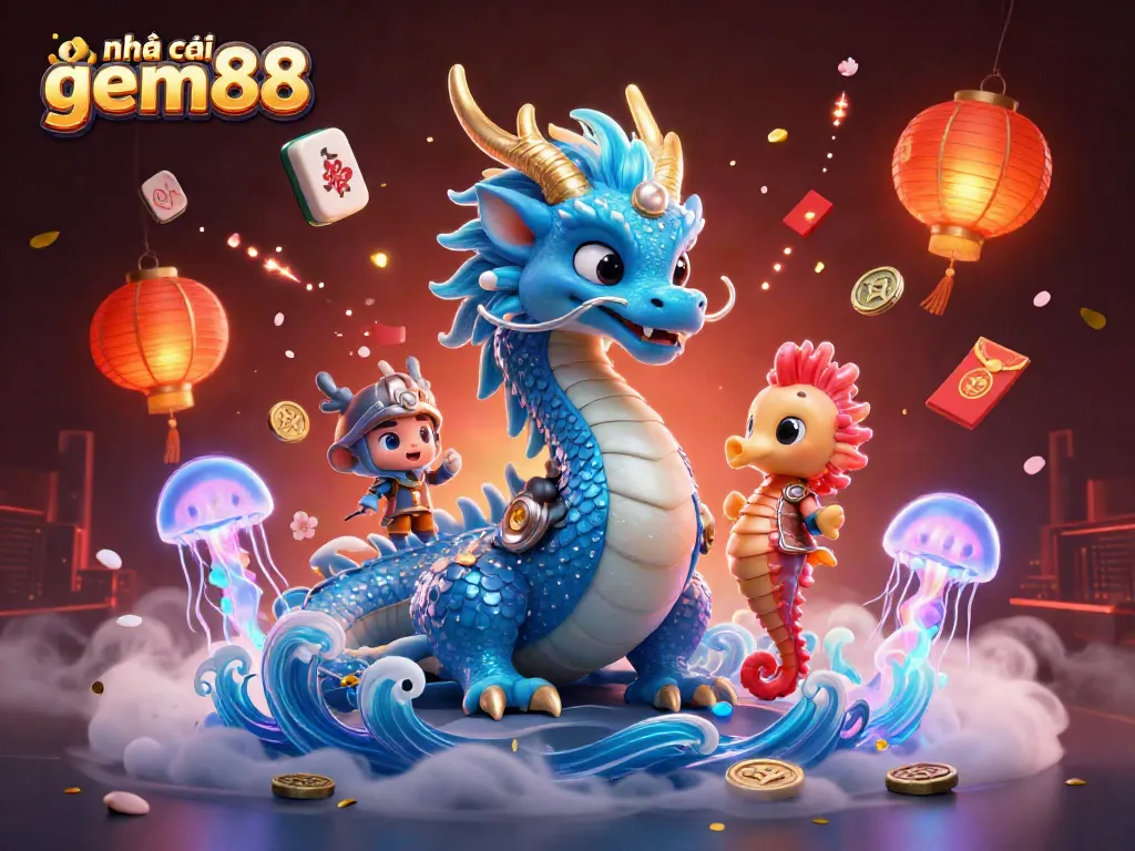 Experience thrilling gameplay at nhà cái gem88 with a vibrant 3D illustration of gaming elements.