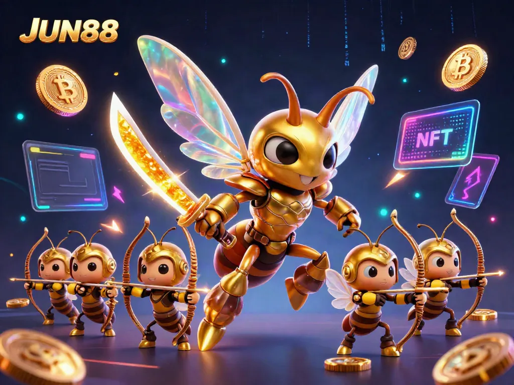 Experience the thrilling world of JUN88 with a vibrant 3D illustration showcasing a golden hornet samurai and loyal bee archers.