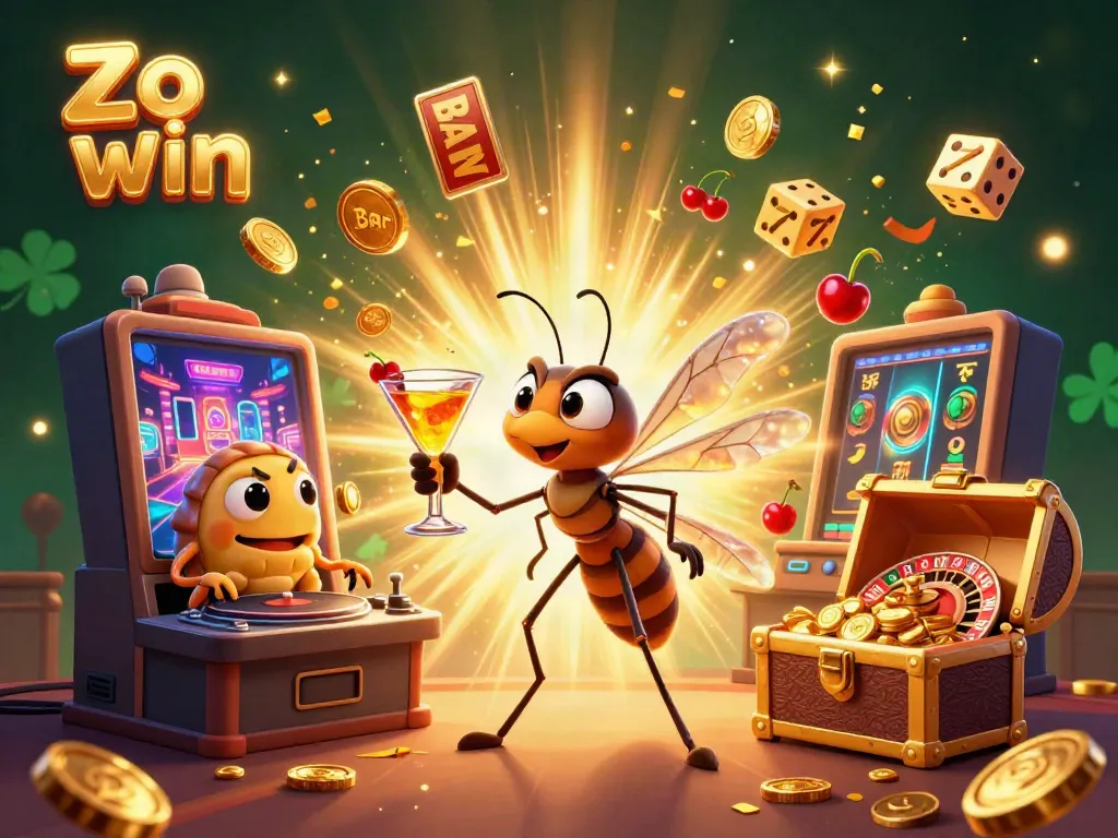 Experience the festive gaming atmosphere with Zo win's lively scene featuring a charismatic casino mascot and dynamic game elements.