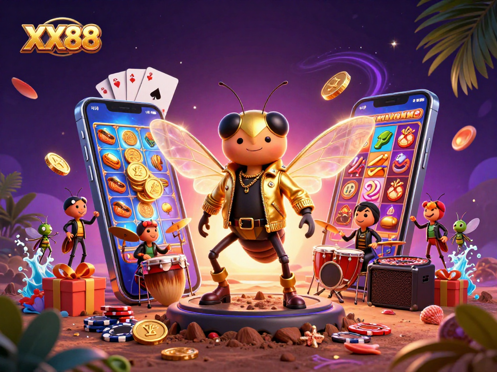Experience the buzz of XX88 with a rock star cicada amidst vibrant casino games.