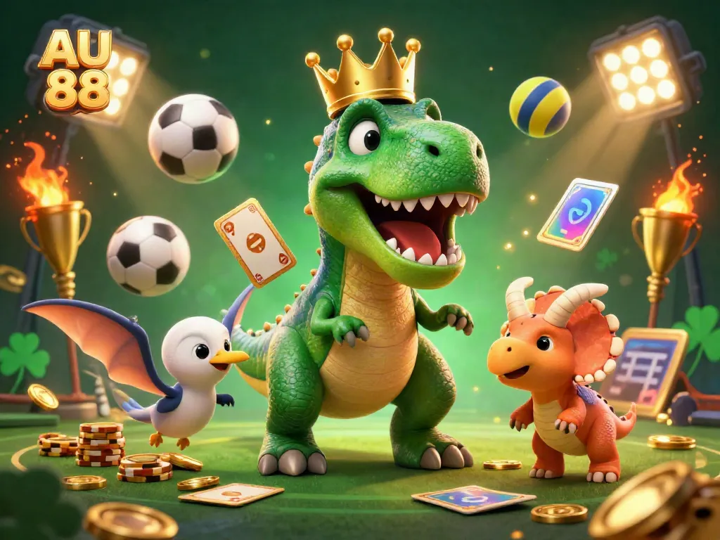 Experience the excitement of AU 88 with a vibrant 3D scene of dinosaurs playing cards and stacking chips.