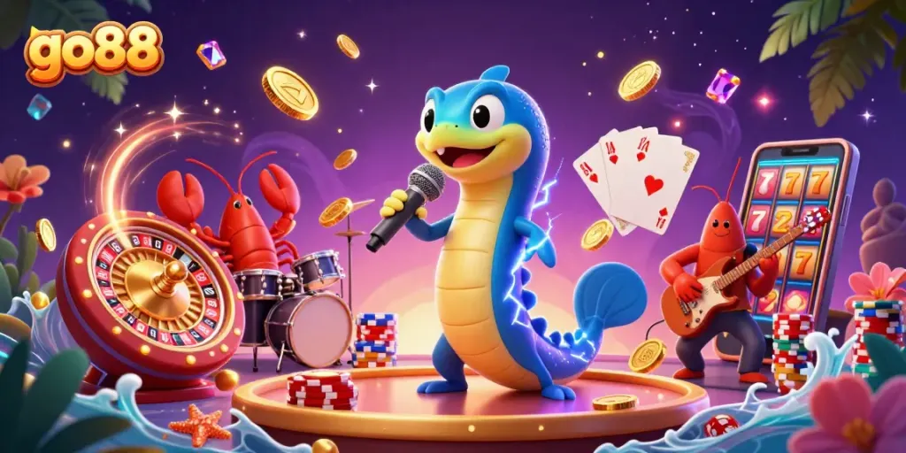 Experience go88 in an underwater casino with a vibrant electric eel DJ and lively gaming elements.