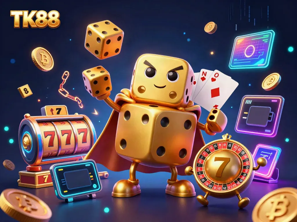 TK88 features a golden dice golem juggling smaller dice amidst vibrant casino and cryptocurrency elements.