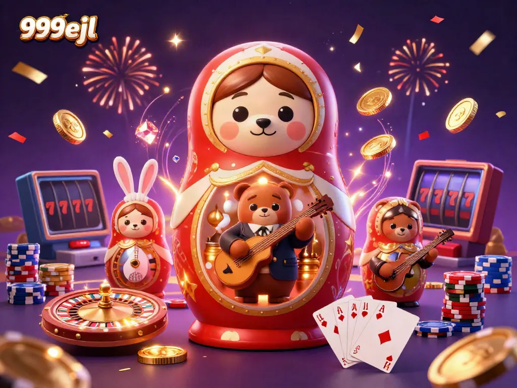 Experience thrilling action with 999eejl, showcasing a vibrant casino scene filled with playful characters and games.
