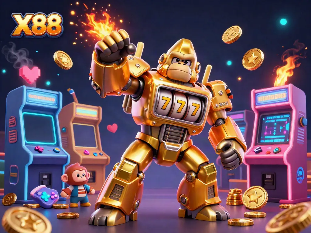 X88 gaming experience illustrated with a golden gorilla mech, slot machines, fireworks of coins, and colorful game machines.