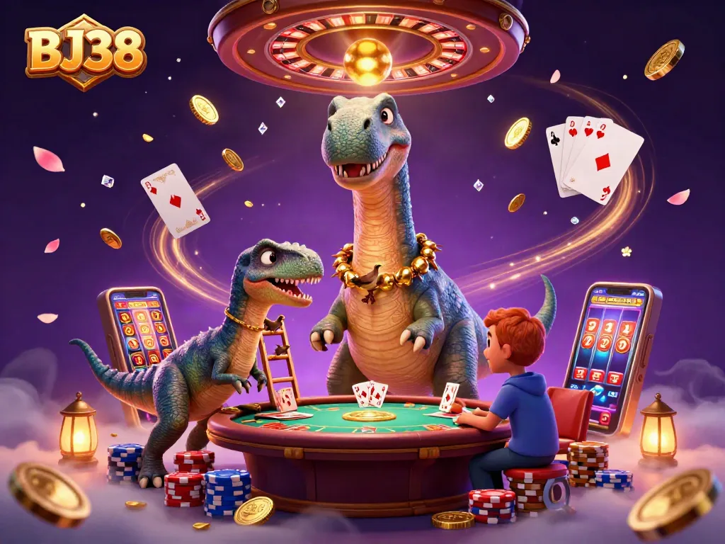 BJ38 showcases a giant brontosaurus in a vibrant casino scene, adding intrigue to poker games.