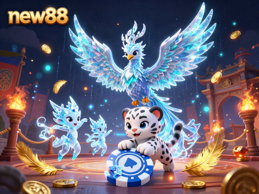Engage in exciting gameplay with new88 featuring a vibrant casino scene showcasing an ice phoenix and poker chip.