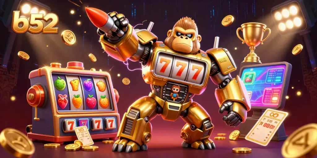 Witness the excitement of b52 casino games with a vibrant golden gorilla mech, symbolizing winning potential.