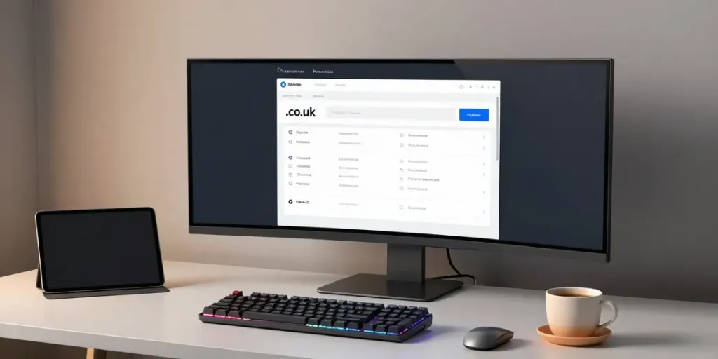 Register .co.uk domain interface on a modern developer's monitor
