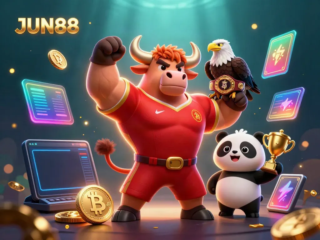Engage with the exciting world of JUN88 featuring a bull mascot, eagle, and panda in a lively casino scene.