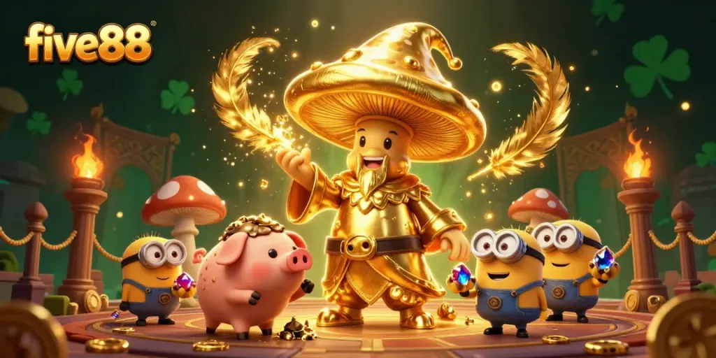 Experience the magic of five88 as a mushroom wizard conjures golden treasures in an enchanting casino scene.