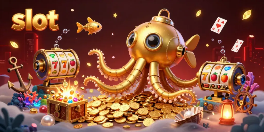 Spin the slot reels surrounded by a golden kraken and treasure in this vibrant casino scene.
