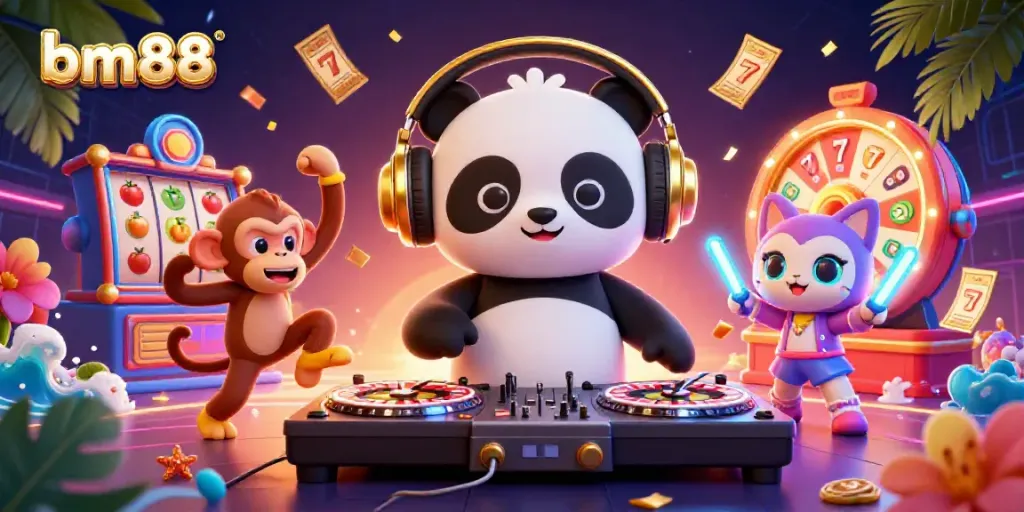 Experience the excitement of bm88 with a lively 3D illustration of a DJ panda and friends amidst vibrant casino elements.