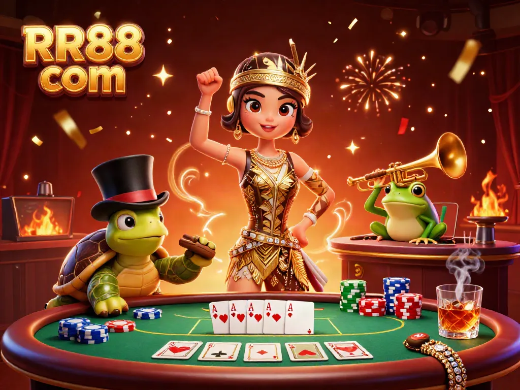 Experience the excitement at RR88 com with vibrant casino characters in an energetic scene.