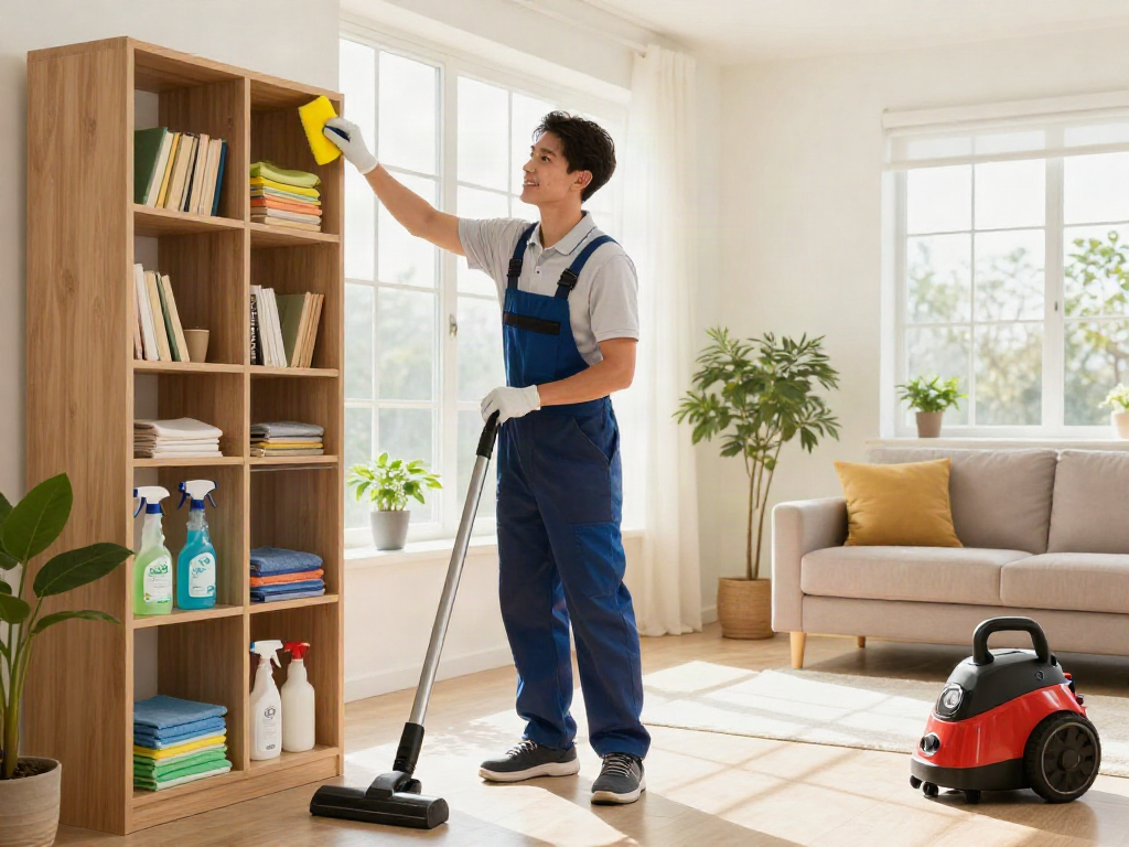Professional cleaner dusting shelves during a depo 10k home cleaning service, showcasing eco-friendly supplies.