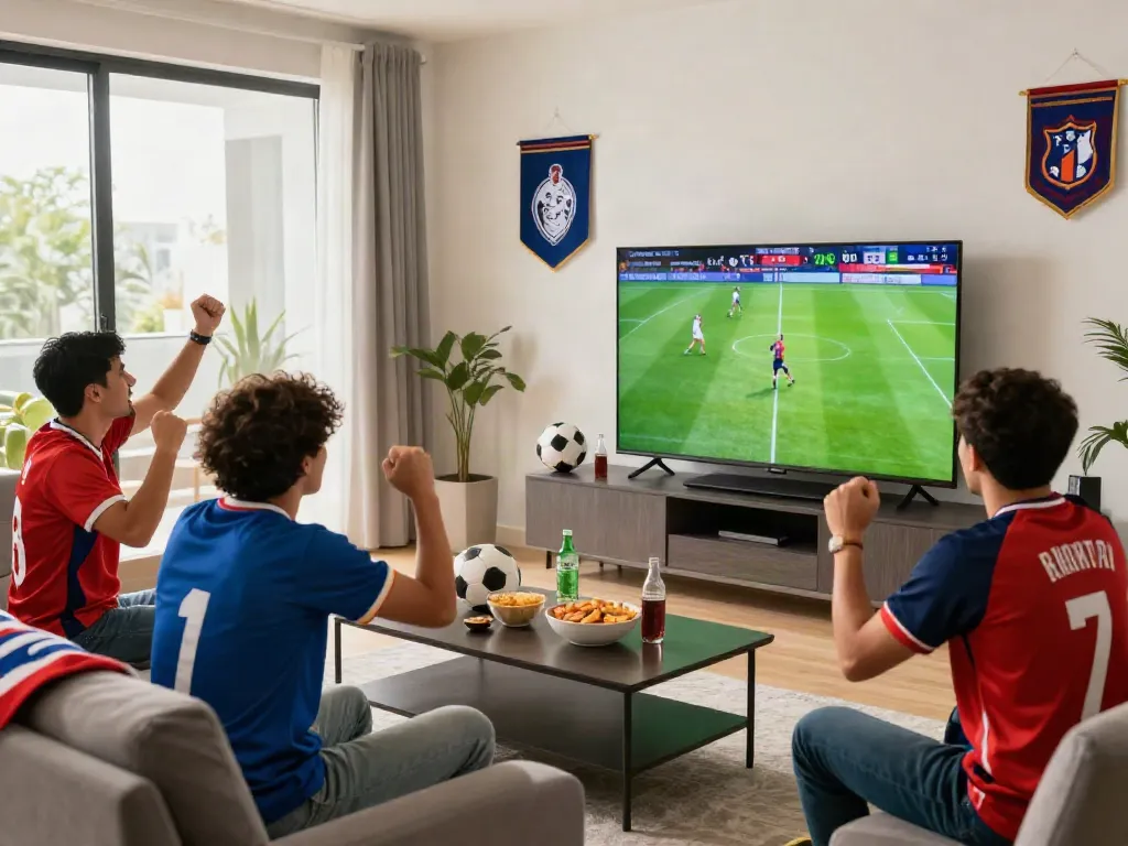 Excited fans enjoying a football game at home through Thapcamtv live streaming.